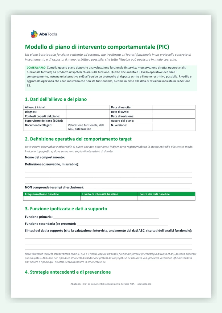 Anteprima: piano di intervento comportamentale